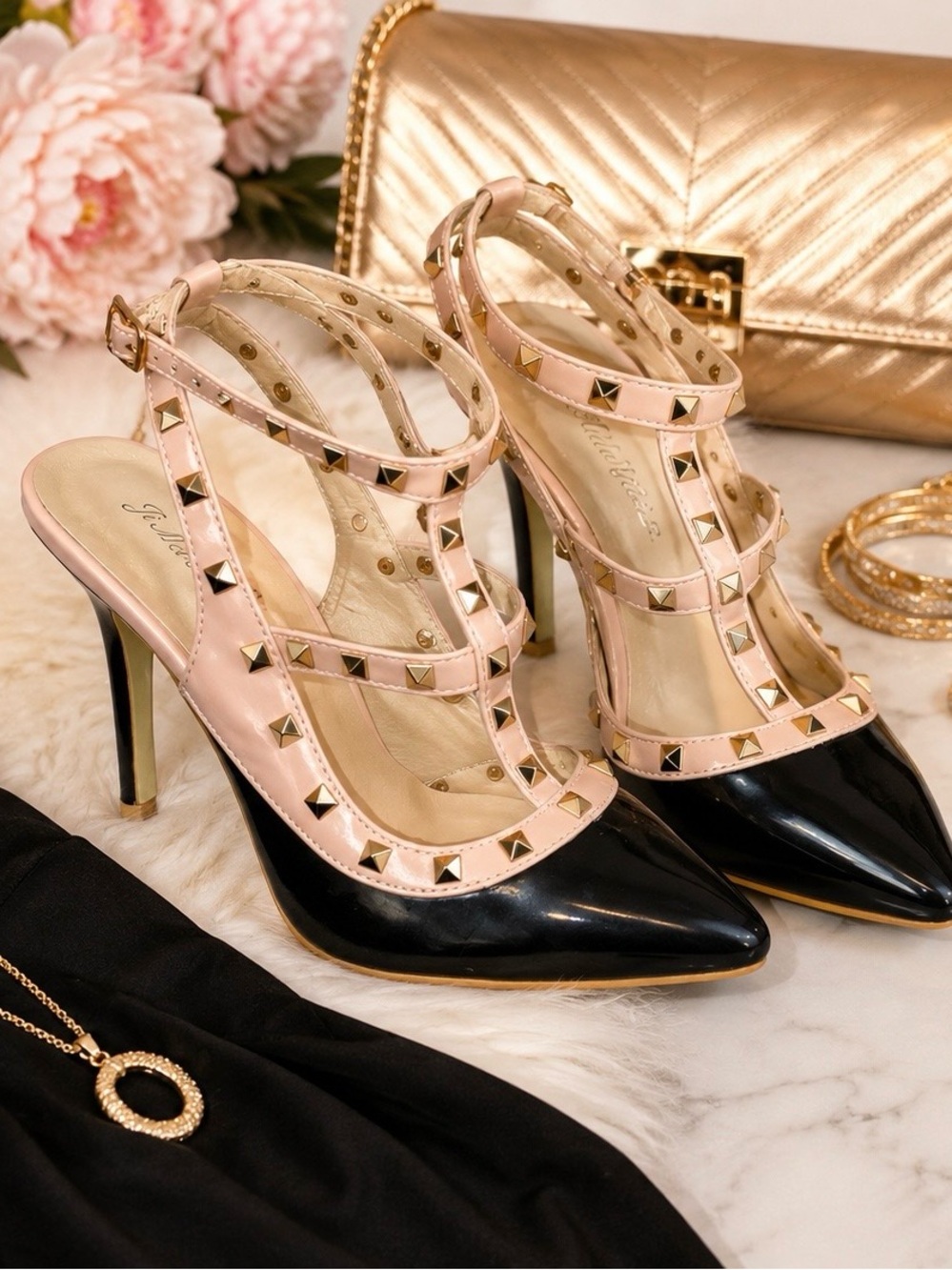 Ji Mei Xie Ye Black Pink Studded T-Strap Pointed Toe Stiletto Heels